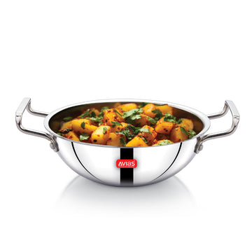 AVIAS AVI3 Triply Kadai, 20 cm Stainless Steel Kadhai without Lid, 3 Layer, Steel Casted Handles, Flat Bottom Kadhai with Induction Base, 2.5 Mm Thickness, 1.5 Litre Capacity